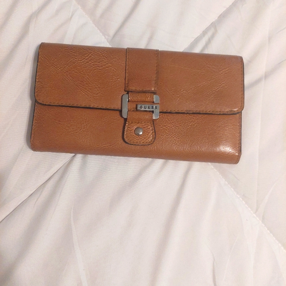 Guess Women Brown Leather Wallet Long Credit Card ID Holder Checkbook Trifold